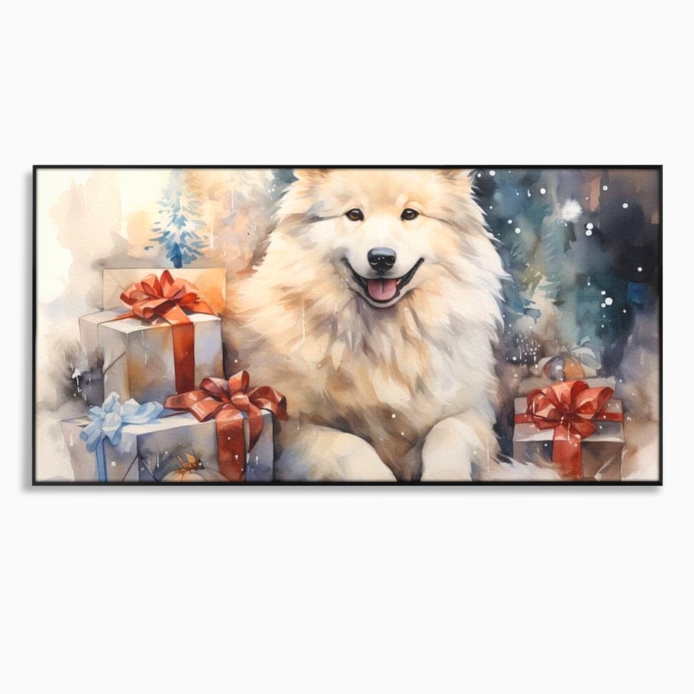 Tablou canvas cu tablou cu caine samoyed si cadouri de craciun, in rama de aluminiu negru